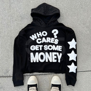 Cotton Blended <b>Men</b> Puff Print Hoodie Streetwear <b>Pullover</b> with Unique Embossed And Rhinestone Design - Product Image 1
