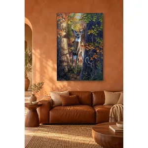 Fida Deer and Squirrel Peeking Between Tree Trunks <b>Canvas</b> Print - Product Image 4
