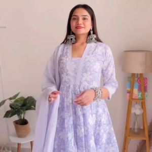 Último diseñador puro algodón lavanda Floral blanco cuello en V Dupatta conjunto bloque de mano impreso para fiesta de oficina informal indio paquistaní - Product Image 1