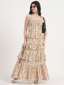 Verano Casual Ball Gown Maxi Dress Amarillo Rosa Paisley Estampado floral Cuello cuadrado con mangas caídas Estilo escalonado - Product Image 6