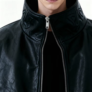 Blouson aviateur en cuir noir surdimensionné pour homme, veste streetwear embossée, style vintage hip-hop, fermeture éclair, poches cargo, hiver, 100 grammes, décontracté - Product Image 5