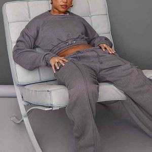 Conjunto de pantalón y sudadera de manga larga informal con logotipo personalizado al por mayor, pantalones de mujer de algodón 100%, chándales, conjunto de suéter de punto de 2 piezas - Product Image 1