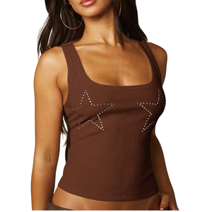 Customized <b>Women's</b> <b>Brown</b> Bohemian Tank <b>Top</b> With Rhinestone Stars Square scoop Collar Knitted Crop <b>Top</b> - Product Image 1