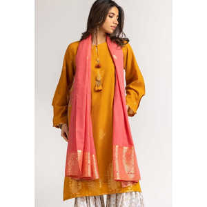 Salwar Kameez Amarillo y Rosa con Bordado Jacquard, Corte Regular, Largo hasta el Suelo, con Camisa y Dupatta para Bodas, Ropa Étnica de India/Pakistán - Product Image 4