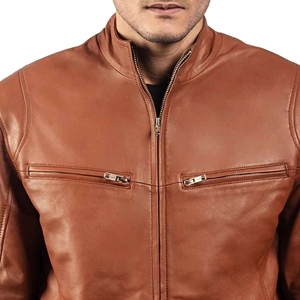 Veste en cuir véritable pour homme, style motard, col montant, fermeture éclair cool, personnalisable, vêtement d'extérieur de qualité supérieure, devant - Product Image 6