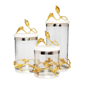 Gold <b>Leave</b> and Glass Fancy Canisters Set of 3 Home Decorations Brass and Marble Top or Lids - Product Image 2