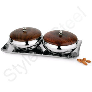 Juego de cuencos de diseño para aperitivos de 3 piezas con Trey y tapa de madera Contenedor de almacenamiento de aperitivos de acero inoxidable a precio mayorista - Product Image 1