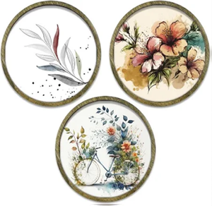 Tres placas de pared de Metal redondas, una con una familia de búhos, con pájaros y follaje estilizados, y con bicicleta de flores al por mayor - Product Image 5