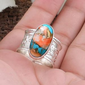 Oval-Shaped 925 Sterling Silver Ring for Women Natural Oyster <b>Copper</b> Turquoise Gemstone Rose Gold Plated Fashion Accessory - Product Image 3