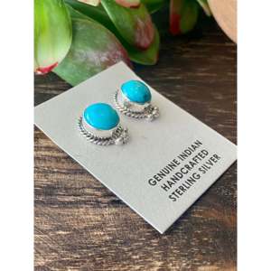 Navajo Kingman Turquoise & Sterling <b>Silver</b> <b>Stud</b> Earrings Made with Bezel Setting Inlay Technology - Product Image 3