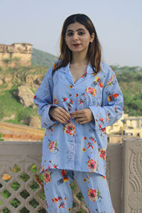 Conjunto de pijama informal tejido de seda 100% transpirable para mujer, estampado Floral bohemio, ropa cómoda de noche diaria para la brisa del verano - Product Image 2