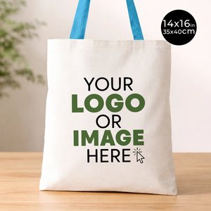 Bolsa de Tela de Algodón Orgánico al por Mayor, Económica, en Grandes Cantidades, con Asas Turquesa, Personalizada, 14W X 16H Pulgadas, Reciclable - Product Image 1