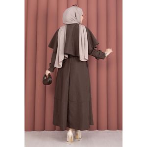 Ensemble deux pièces : Blazer marron avec cape et épaulettes, en toile, orné de boutons - Product Image 6