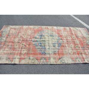 Vintage Turkish <b>Rug</b> Red Beige 4.2x8.7ft Large Area Woolen Patchwork Design for Hallway or <b>Bedroom</b> Latex Backed Sidekick - Product Image 3