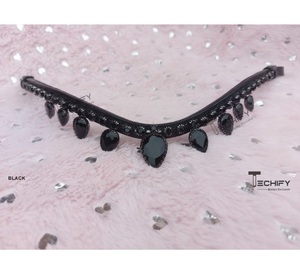 Fronture de luxe en cuir noir en forme de V avec cristaux en forme de goutte suspendus – Accessoire de bride premium - Product Image 5
