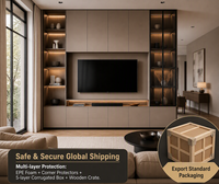 Unit TV Dinding Minimalis Modern KEJIA dengan Lampu LED Matte Taupe, Kabinet TV Media Terintegrasi, dan Display Kaca