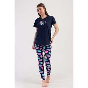 Conjunto de Pijama Cómodo para Mujer, Blusa de Manga Corta con Cuello Redondo de Lyocell Suprem, Falda Larga con Puños Ovalados, Pantalones Ajustados - Product Image 3