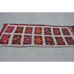 Vintage Turkish Rug Ethnic Red Brown 2.7x8ft Large Area Kilim Wool 10mm Thickness Patchwork Pattern Latex for Hallway Room Decor - Product Image 3