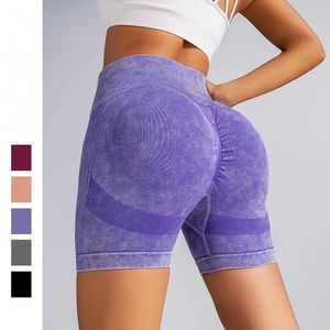 Pantalones cortos de motorista de yoga para mujer, mallas sexis de punto sin costuras, cintura alta, lavado con arena, logotipo personalizado - Product Image 1