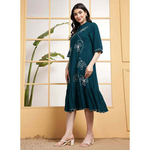DEEBACO Women's Solid Viscose Rayon Shirt <b>Dress</b> 3/4 Sleeve Collared Neck Regular Fit Calf Length Summer Western Party Casual - Product Image 3