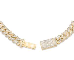 Chaîne cubaine en or jaune 14 carats avec diamants, chaîne à maillons en argent sterling 925 avec perles rondes blanches, testée et approuvée, style luxueux - Product Image 3