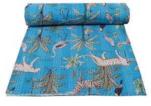 Indian Hand Block Jungle Safari Print Kantha Quilt Twin/Queen/King Kantha <b>Throw</b>, Bedspread Cotton, Kantha <b>Bed</b> Cover Quilt Queen - Product Image 5