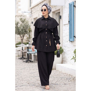 Ensemble tunique et pantalon pour femme, style cape, boutonné, noir, 100% lin crêpe, tailles XS-XXL, ensemble deux pièces - Product Image 1