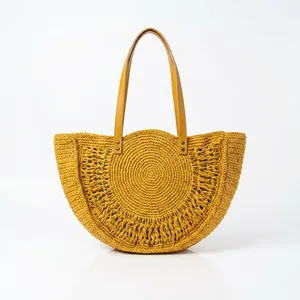 Sac à bandoulière en paille tressée fait main, sac fourre-tout en rotin avec poignées en cuir, idéal pour l'été, la plage et les voyages pour femmes - Product Image 4