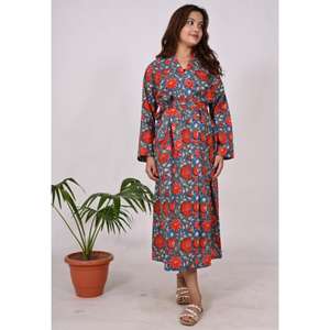 ชุดกิโมโนผ้าฝ้ายลายบล็อกพิมพ์ธรรมชาติ เอวธรรมชาติ เป็นมิตรกับสิ่งแวดล้อม น้ำหนักเบา เหมาะสำหรับใส่ไปชายหาด ชุดลำลองฤดูใบไม้ผลิ ชุดคลุม - Product Image 3