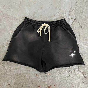 กางเกงขาสั้นผู้ชายวินเทจฤดูร้อนทรงหลวมผ้าฝ้ายเทอร์รี่สีทึบพิมพ์ลายสไตล์สตรีทแวร์ทรงหลวม - Product Image 4