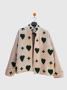 Veste en lin et coton avec imprimé cœur et motif plus, col montant, manches longues, coupe ample, pour adulte, tenue d'automne - Product Image 1