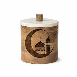 Pot de rangement en bois avec design de lanterne suspendue, couvercle en marbre, boîte décorative pour la décoration de la maison pendant le Ramadan - Product Image 3