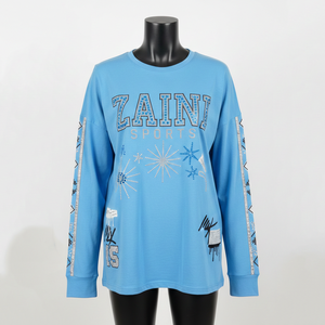 T-shirt à manches longues en jersey de coton premium bleu ciel avec panneau de manche et strass, personnalisable par transfert thermique (logo) - Product Image 6