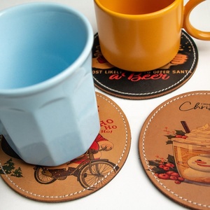 Promotional-<b>Cheap</b> Factory-Debossed Custom Logo Round-Leather PU-Coffee Tea-Cup Coaster-Real Cowhide Tea-Coasters <b>Set</b> - Product Image 4