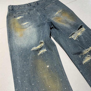 Venta al por mayor French Terry Sweatpants Hombres Sun Faded Acid Washed Vintage Rhinestone Jean hombres Pantalones rectos curvos a rayas - Product Image 5