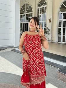 LAUNCHING NEW DESIGNER <b>KURTA</b> PALAZZO with DUPATTA FABRIC FAUX GEORGETTE with HEAVY EMBROIDERY SEQUENCE WORK PARTY REVERSER - Product Image 3