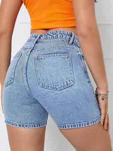 Shorts de Mezclilla Rectos de Cintura Media para Mujer, Casuales de Verano, Cierre con Botones, Lavado Claro, 100% Algodón, 400g, Bordado con Estampado Puff - Product Image 2