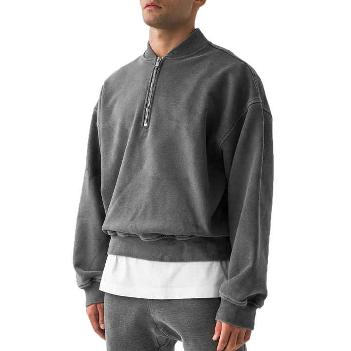 Men's Half Zip Up Sweatshirts Custom Brand Vintage Washed Heavy Weight Sweaters Oversized Drop Shoulder Jumper