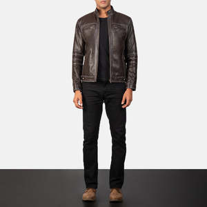 Youngster Brown Genuine Leather Biker <b>Jacket</b> <b>Sheepskin</b> Cowhide Zippered Pattern Decoration Reversible Size XS for Autumn Season - Product Image 3
