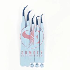 Pinzas de extensión de pestañas de acero inoxidable azul cielo de etiqueta privada puntas de fibra de volumen profesional alta cantidad fondo nuevo único - Product Image 1