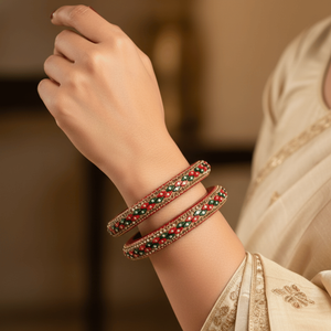 <b>Set</b> of 2 Ruby & Emerald Kundan Lac Fine <b>Bangles</b> - Product Image 3