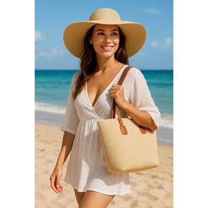 Beige Straw <b>Hat</b> and Straw Bag Two-Piece Set, Shipped in a <b>Box</b>. - Cnt2005bej - Product Image 2