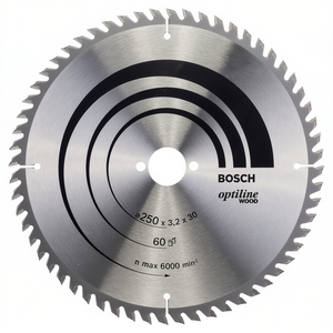 Disco de sierra circular Optiline Bosch con punta de carburo para madera, 250 mm de diámetro exterior, 60 dientes, 30 mm de diámetro del orificio, 3,2 mm de profundidad de corte - Product Image 3