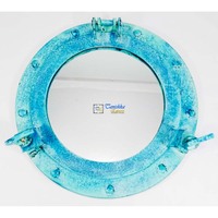 Espejo de Aluminio Azul con Forma de Ojo de Buey, Decoración de Pared Marítima Vintage, Decoración Costera para el Hogar, Acabado Azul Antiguo, Temática Naval, 12 Pulgadas, Fundición