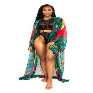 Verano señoras Long Beach Kaftan manga Centro hendidura cintura Multicolor impreso gasa técnica de diamantes de imitación manga larga playa - Product Image 1