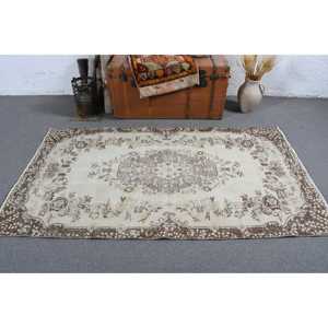 Vintage 3.6x6.6 ft Rug, Turkish Rug, <b>Brown</b> Floral <b>Wool</b> Rug - Product Image 3