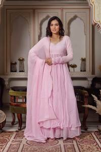 Conjunto de diseñador con top Anarkali de georgette sintética con trabajo manual, pantalón Plazzo y dupatta, completamente cosido y listo para usar. - Product Image 3