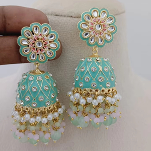 Juego de aretes Meenakari Kundan Jhumka latón pesado imitación perla forma de campana imitación rodio plateado personalizar diseño moderno - Product Image 1