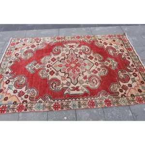 Vintage <b>Red</b> Beige <b>Wool</b> Rug 4.2 X 6.7 ft Kilim Style Large Area Turkish Rectangle Rugs Patchwork Abstract Hallway 10mm Latex - Product Image 3