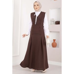 Elegante Conjunto de Dos Piezas en Crepé Color Café: Camisa y Chaleco con Botones, Corte Holgado, Estilo Casual - Product Image 1